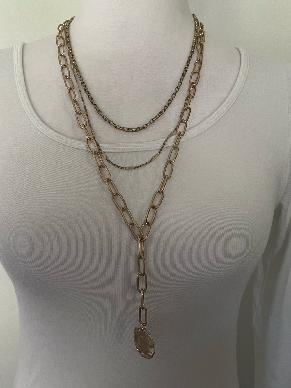 Layered Gold-Tone Chain Lariat Necklace with Pendant